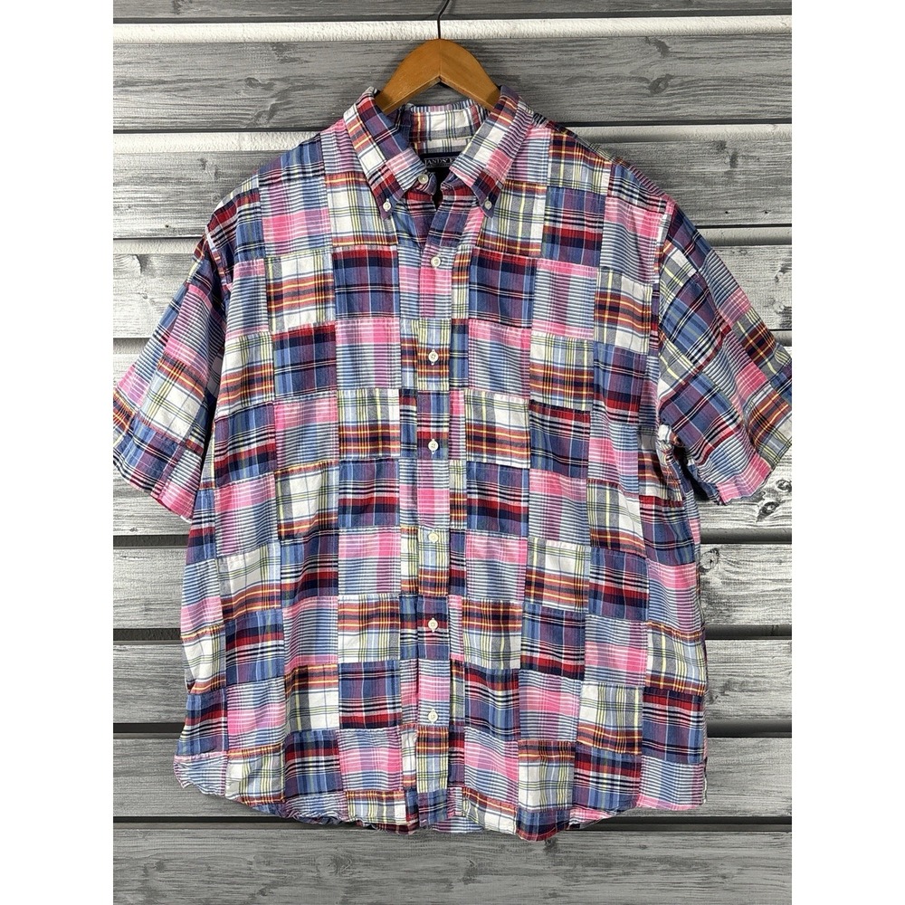 Lands End Patchwork  Shirt Mens L Pink Plaid Short Sleeve Button Up EUC